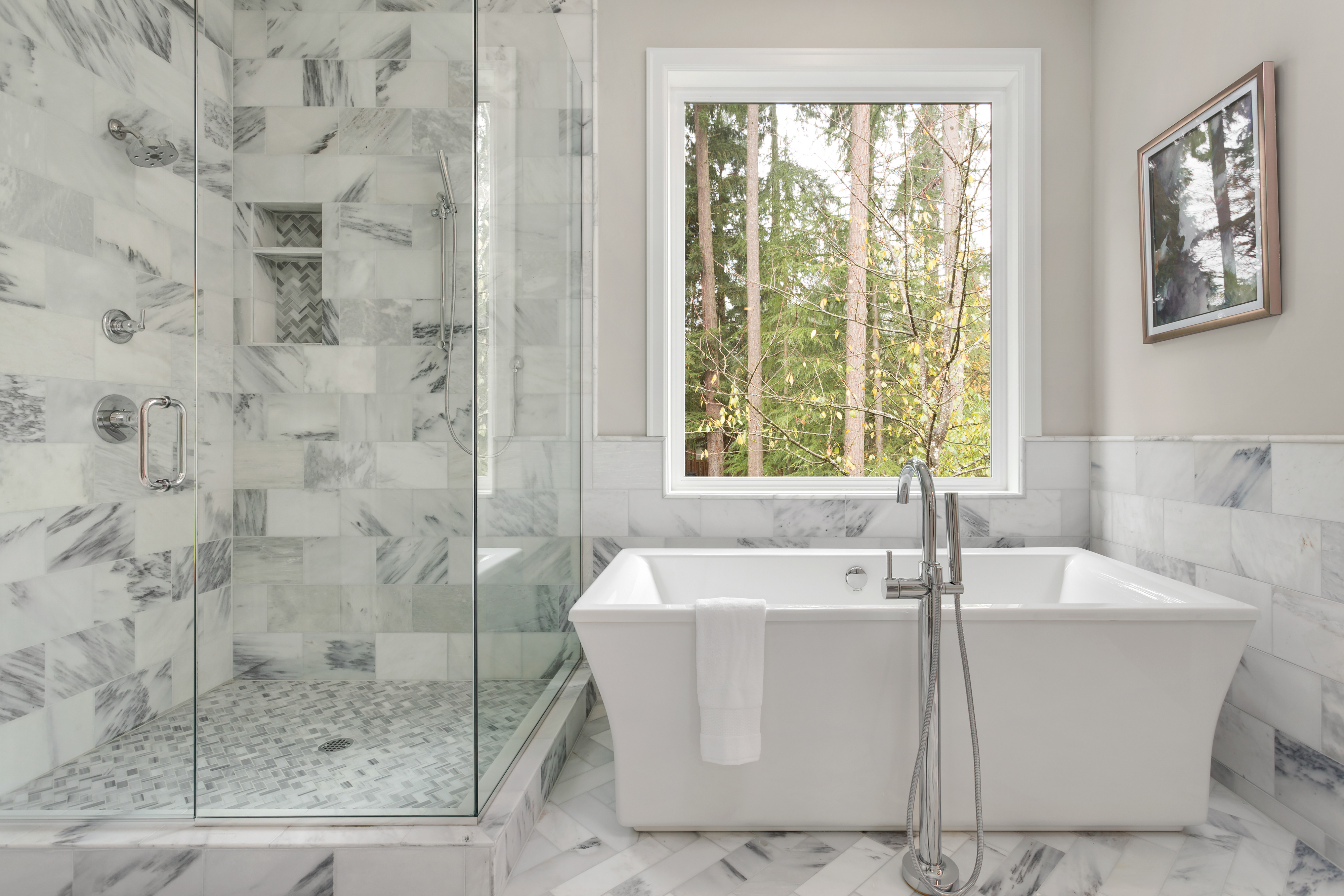 Sleek modern bathroom with multi-tonal white and gray look tile flooring by FloorCo Premium in Temple, Waco, and Killeen, Texas.