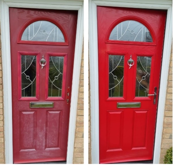 Red doors with glass panelsDescription automatically generated