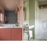 A bathroom with a sink and shower