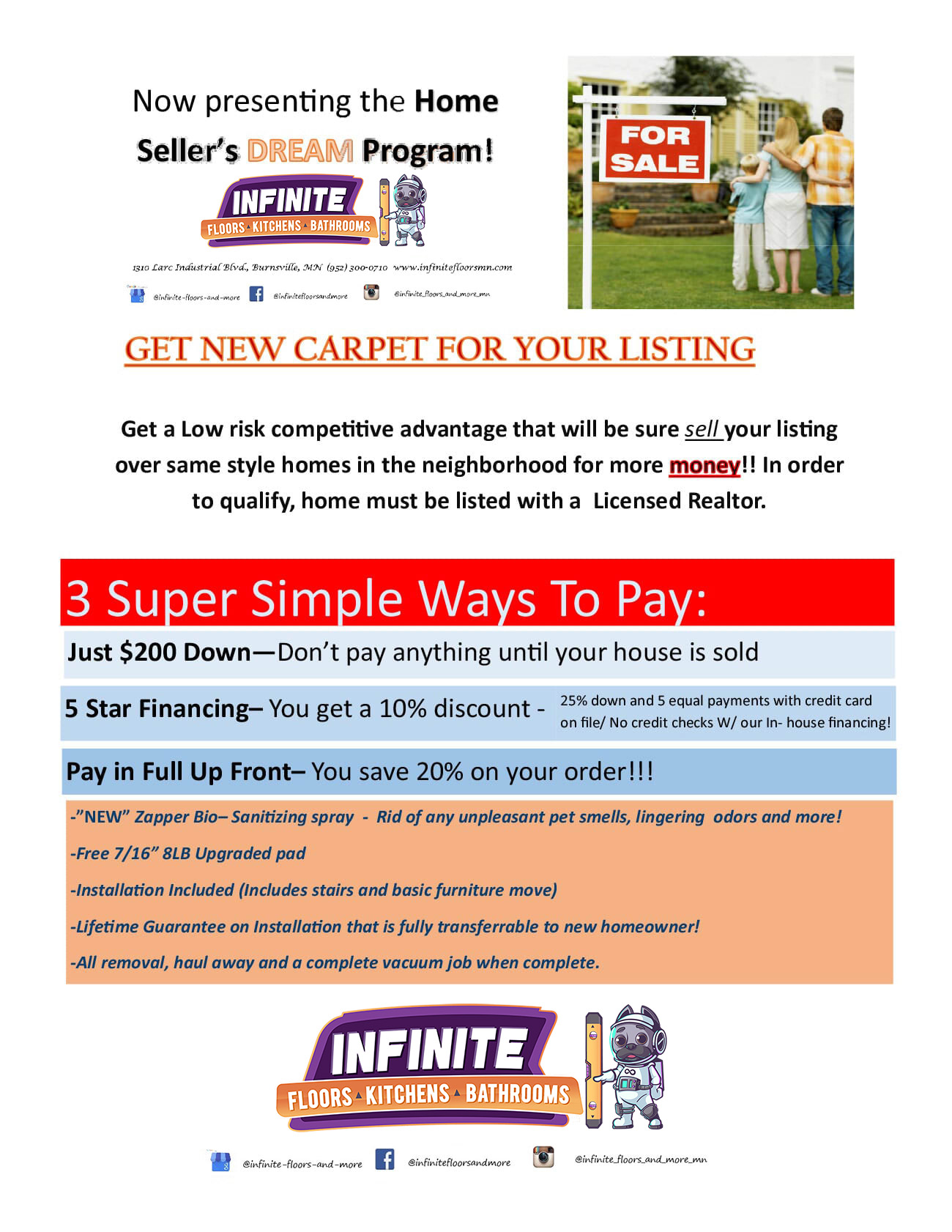 Infinite Floors Carpet Dream Program Flyer and Contract