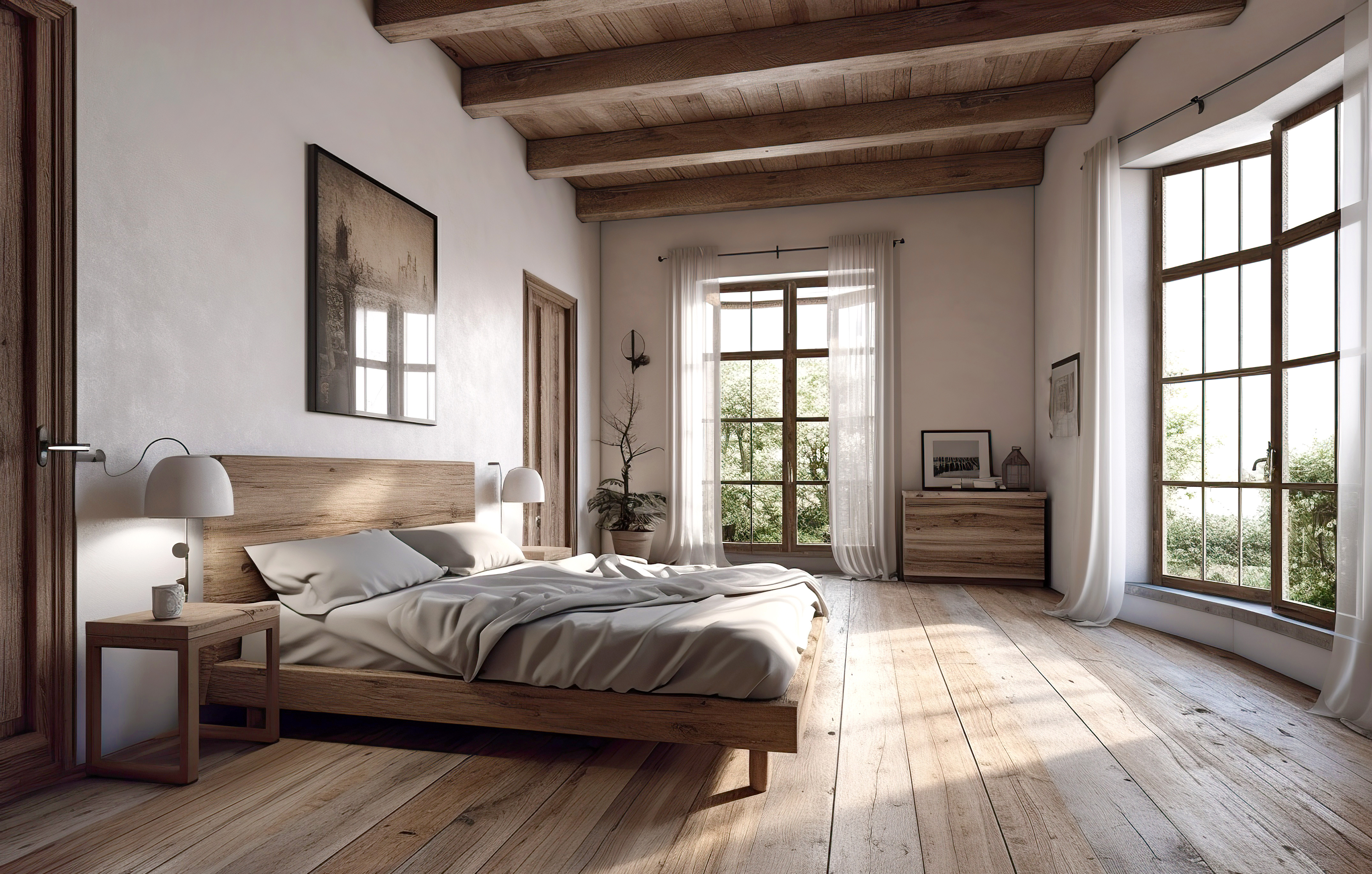 Hardwood flooring in a bedroom with large windows by Carpet to Go by Bellevue, WA.