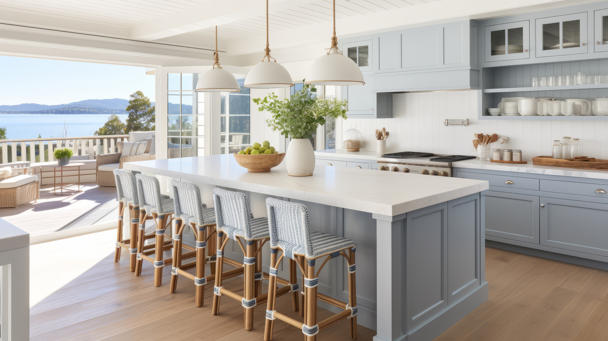 Laminate floors in luxury kitchen with a large island by Sterling Flooring in Anaheim, CA & Mission Viejo, CA.