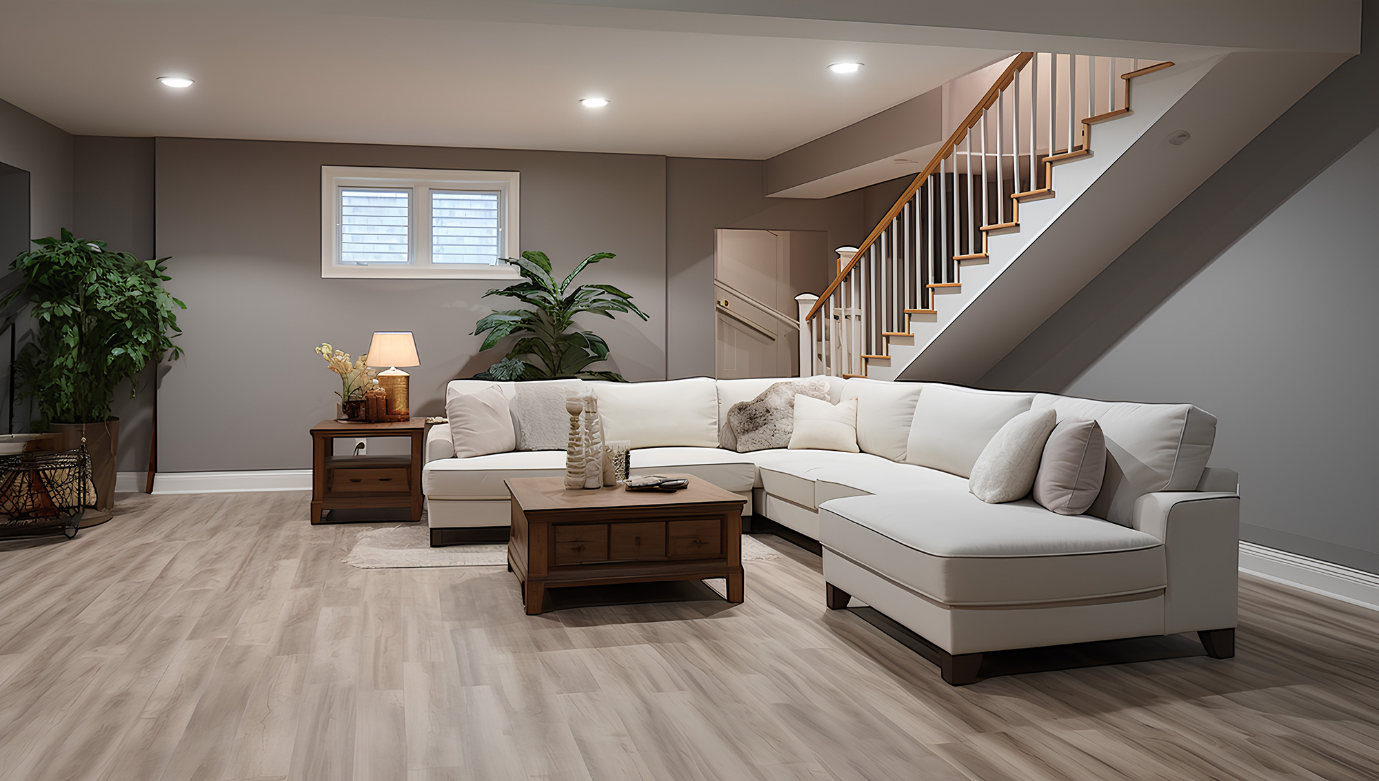 Laminate Flooring finishes in a large living room space basement by FloorCo Premium 