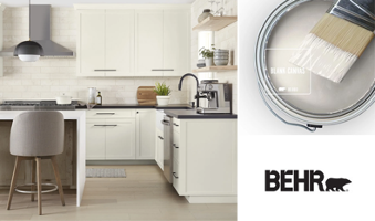 A kitchen with white cabinets and a paint canDescription automatically generated