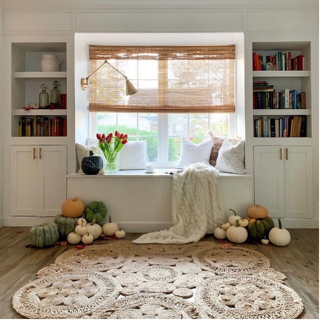 A room with a window and bookshelvesDescription automatically generated