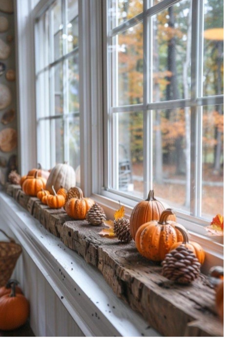 A window sill with pumpkins and pine conesDescription automatically generated