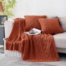 A couch with orange pillows and a plate of coffee on itDescription automatically generated