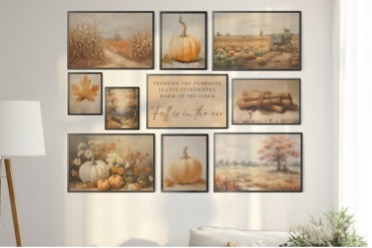 A wall with pictures of pumpkins and a couchDescription automatically generated