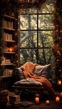 A chair with a blanket and bookshelf in front of a windowDescription automatically generated