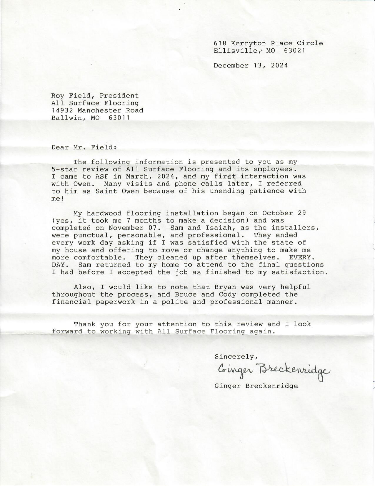Ginger Breckenridge Letter Ginger Breckenridge Letter