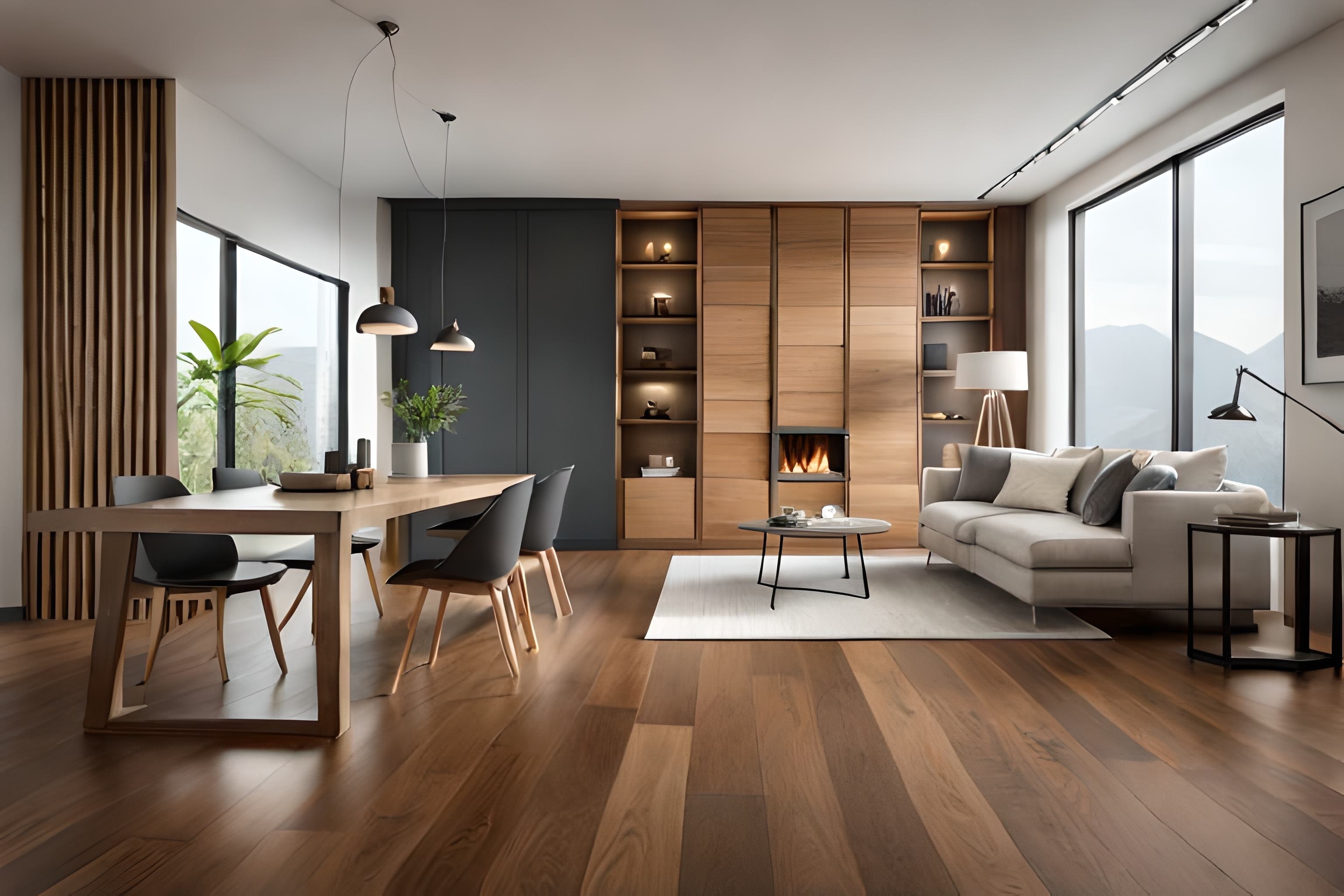 Laminate flooring in a large living with a dining table by Sterling Flooring in Anaheim, CA & Mission Viejo, CA.