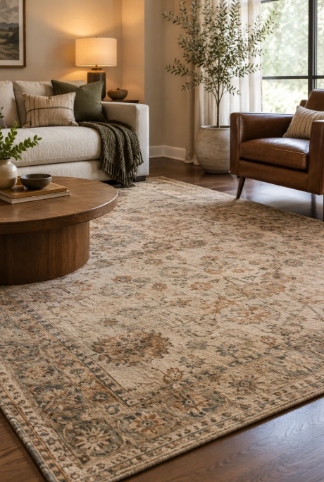 Traditional neutral area rug anchoring a warm living room with a sofa and leather accent chair