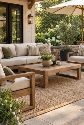 Neutral outdoor area rug with natural wood patio furniture, linen cushions, and garden greenery