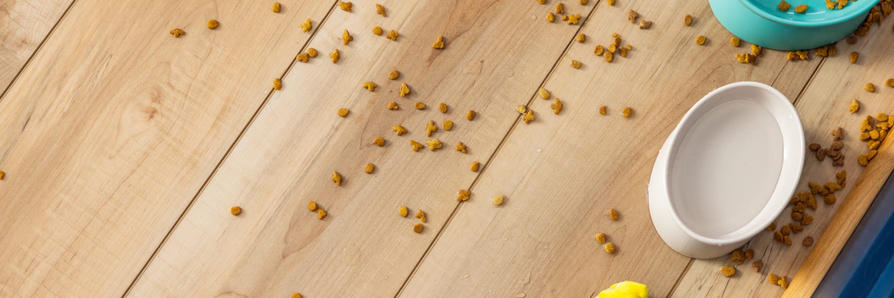 COREtec® wood look flooring with a spilt bowl of cat food and colorful cat toys shaped like sushi rolls available
