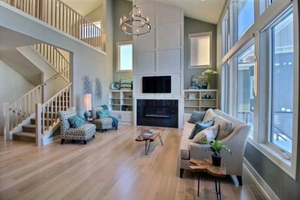 stunning hardwood floors warm up this living room remodel in Fargo, ND