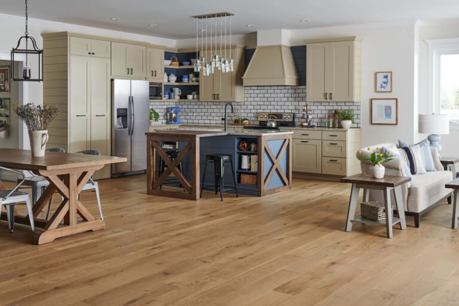 hardwood in open concept living room, kitchen