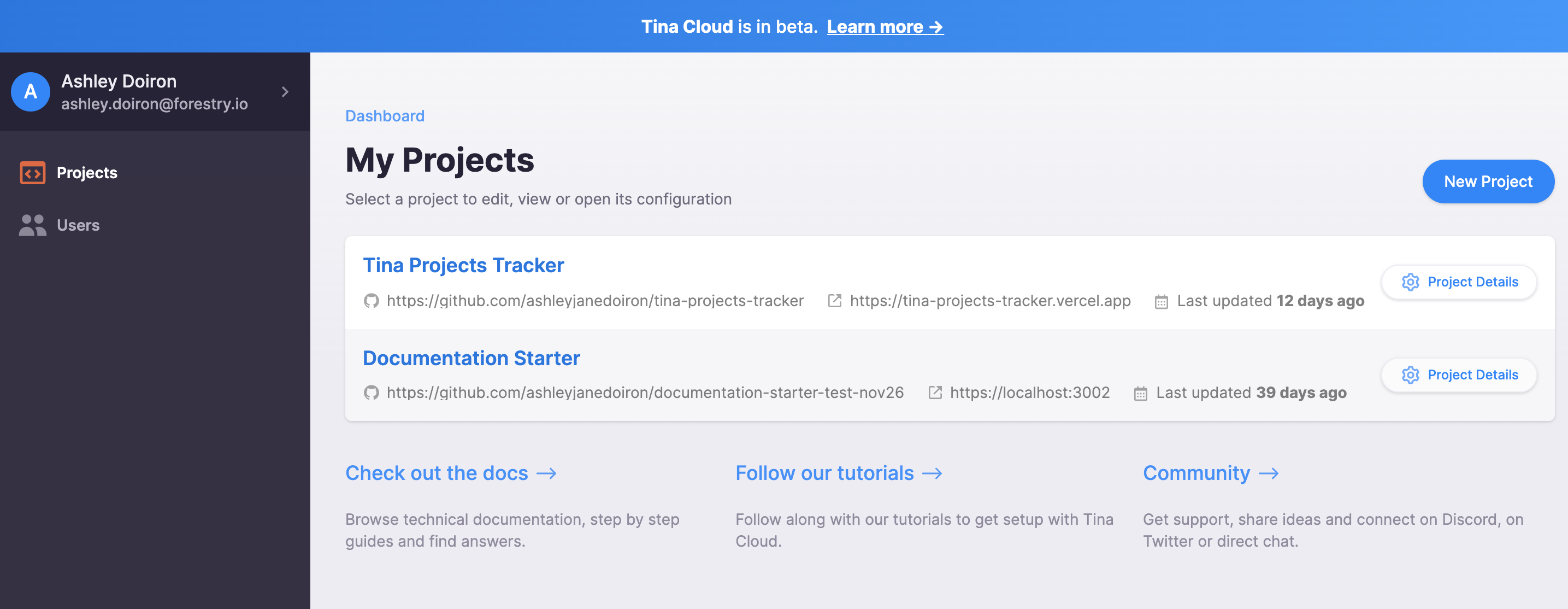 Tina Cloud Dashboard