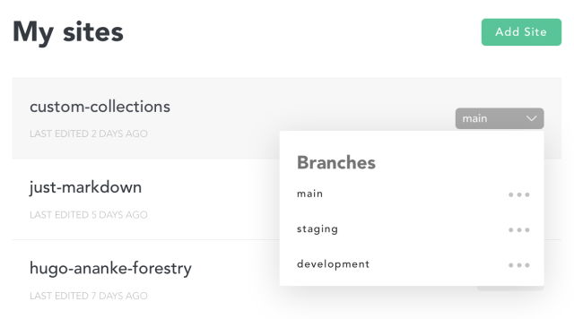 https://res.cloudinary.com/forestry-io/image/fetch/c_limit,dpr_auto,f_auto,q_80,w_640/https://forestry.io/uploads/2020/05/select-branch.png Forestry dashboard displaying multiple imported branches