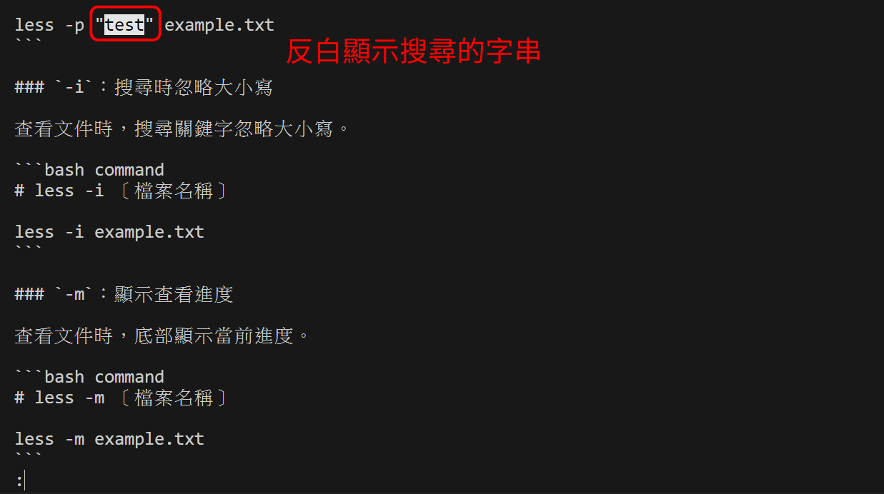 less -p "test" example.txt 查看檔案 (直接搜尋特定字串)
