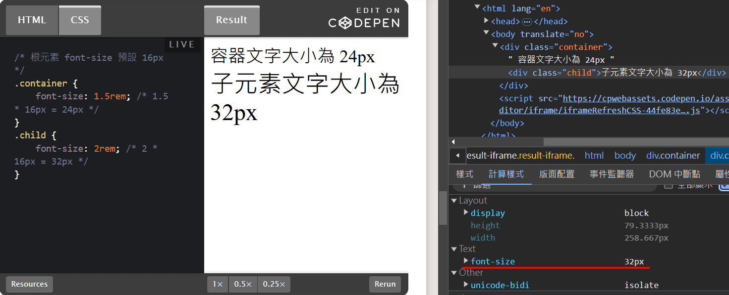 rem：根元素字體大小的相對單位