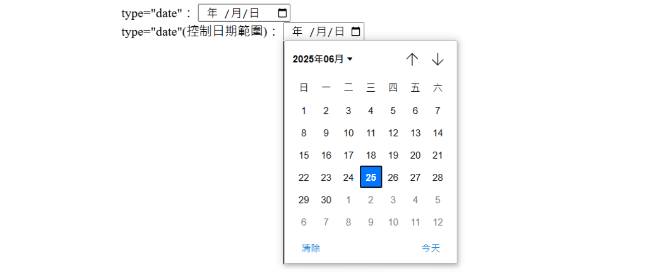 type="date":日期選擇器