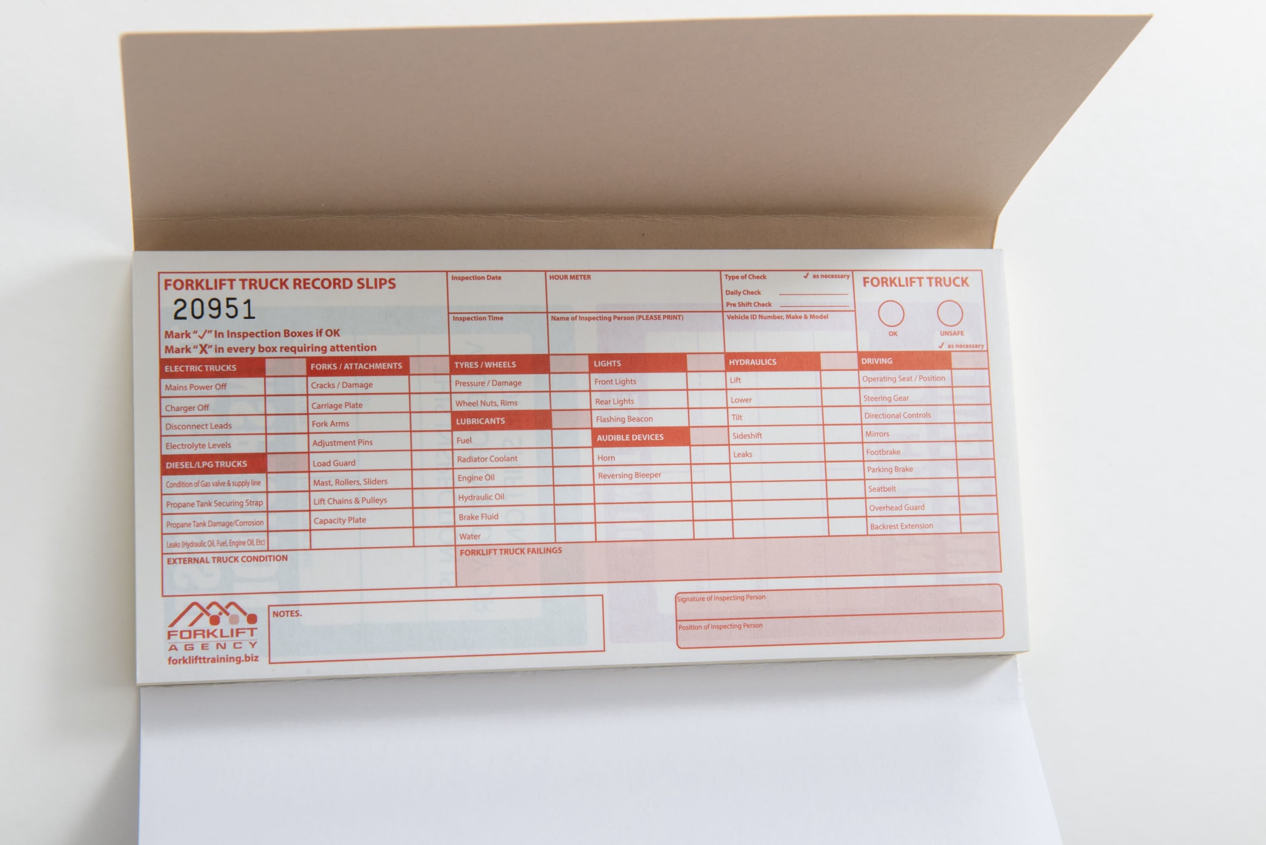 Preuse Forklift Truck Check Inspection Pads