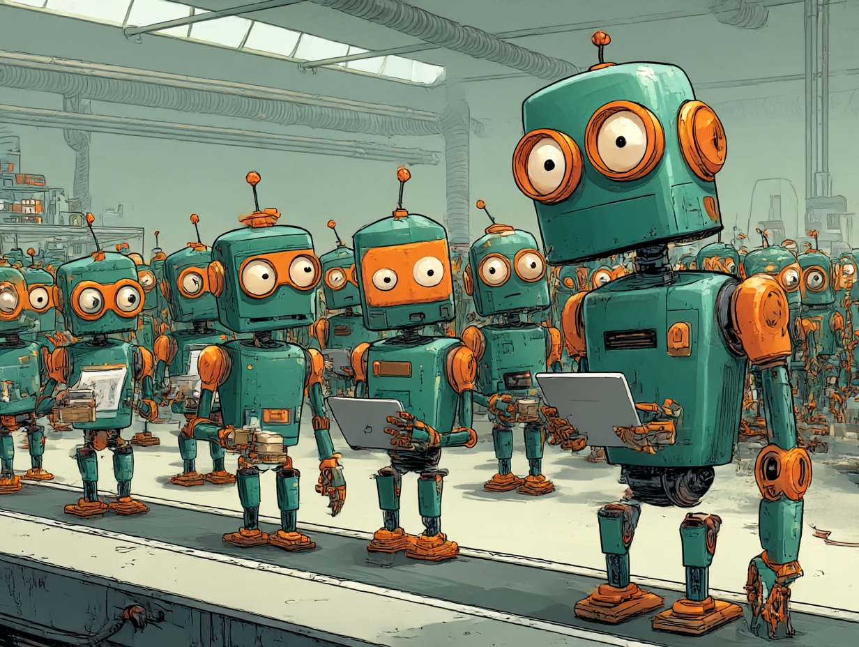 Illustration d’une armée de petits robots travaillant ensemble dans une usine futuriste, chacun exécutant une tâche différente (build, test, déploiement), symbolisant l’automatisation des workflows avec GitHub Actions.