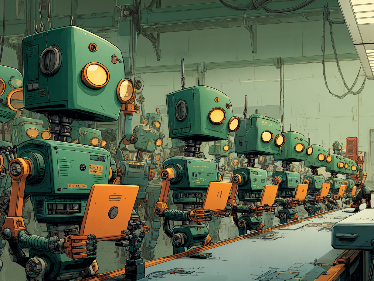 Illustration futuriste d'une armée de petits robots dans une usine high-tech, transportant des artefacts, analysant du code (sécurité CodeQL), codant avec JavaScript (GitHub Script) et affichant une notification Slack, symbolisant l'automatisation des workflows CI/CD avec GitHub Actions.