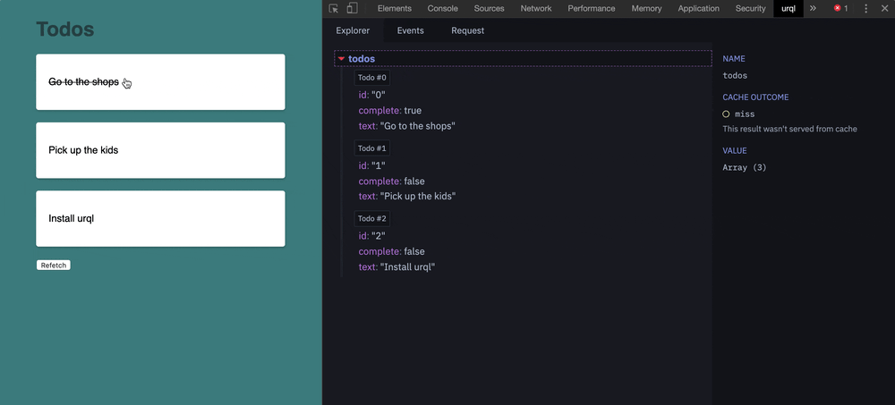 Explorer view of urql DevTools as state changes in the application