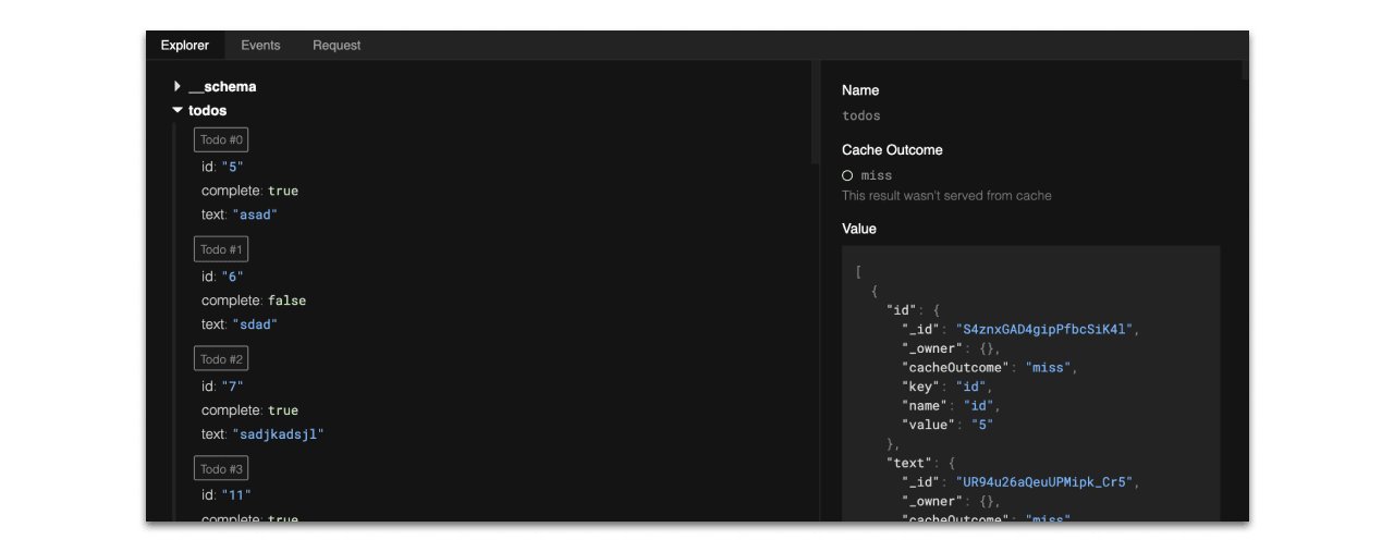 Explorer view of urql DevTool with a "todos" field expanded