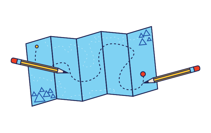 Illustration of a map and two pencils used to map a route