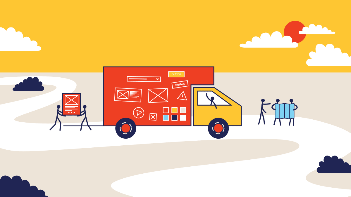 Illustration of a box truck on a road where some people are loading the truck and others are looking at the map