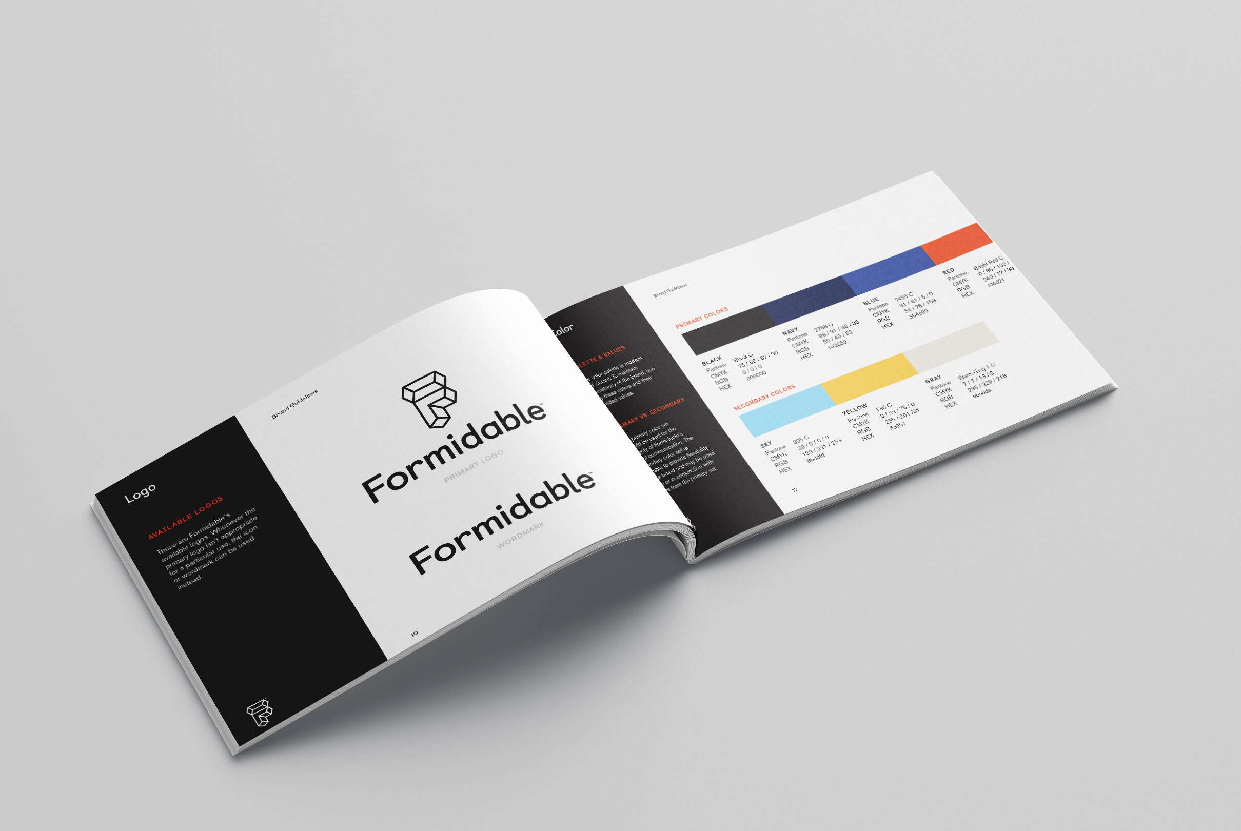 Open book displaying different design options around Formidable logo