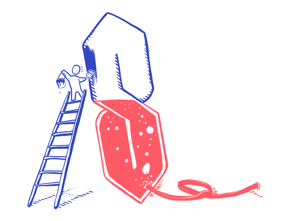 Illustration of someone on a ladder painting a big S