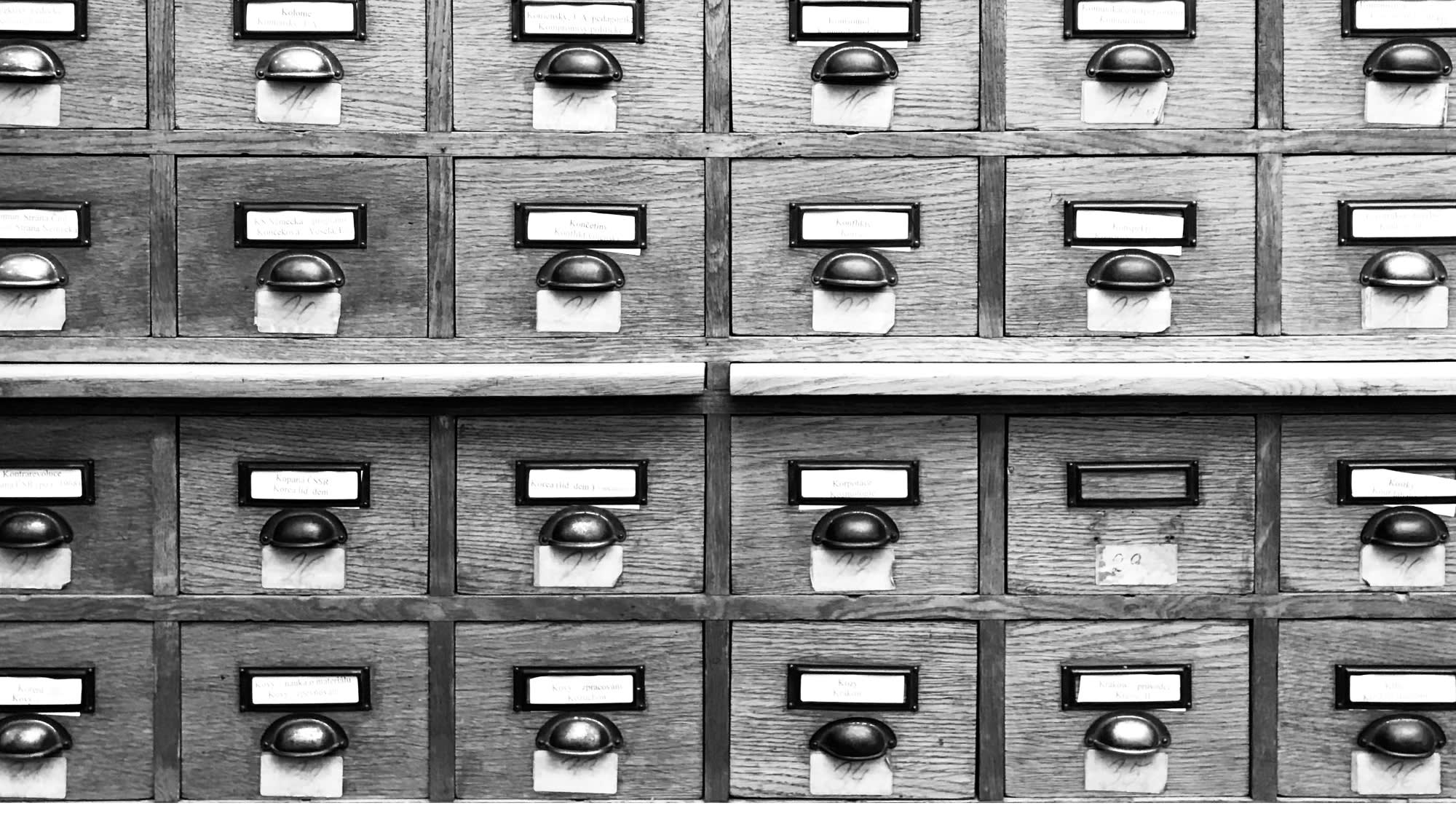 Black and white photo of a card catalog