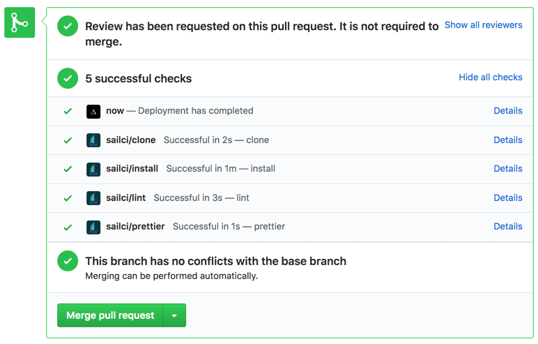 Screenshot of a completed Sail CI/CD build on a Github pull request