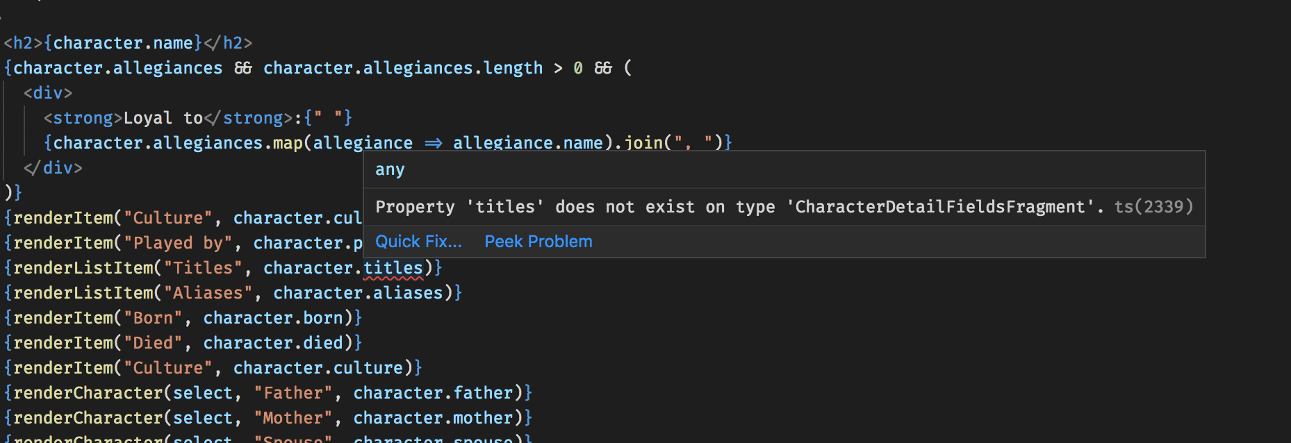 Screenshot of the error that results by trying to access a field that does not exist on the generated type from the GraphQl schema