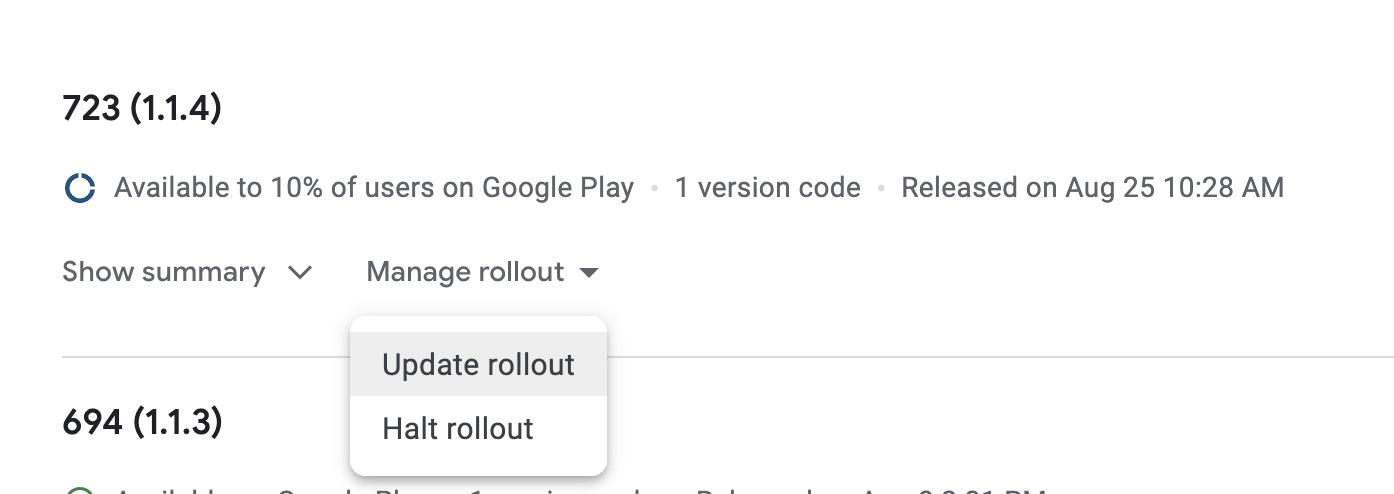 Screenshot of "Manage Rollout" dropdown