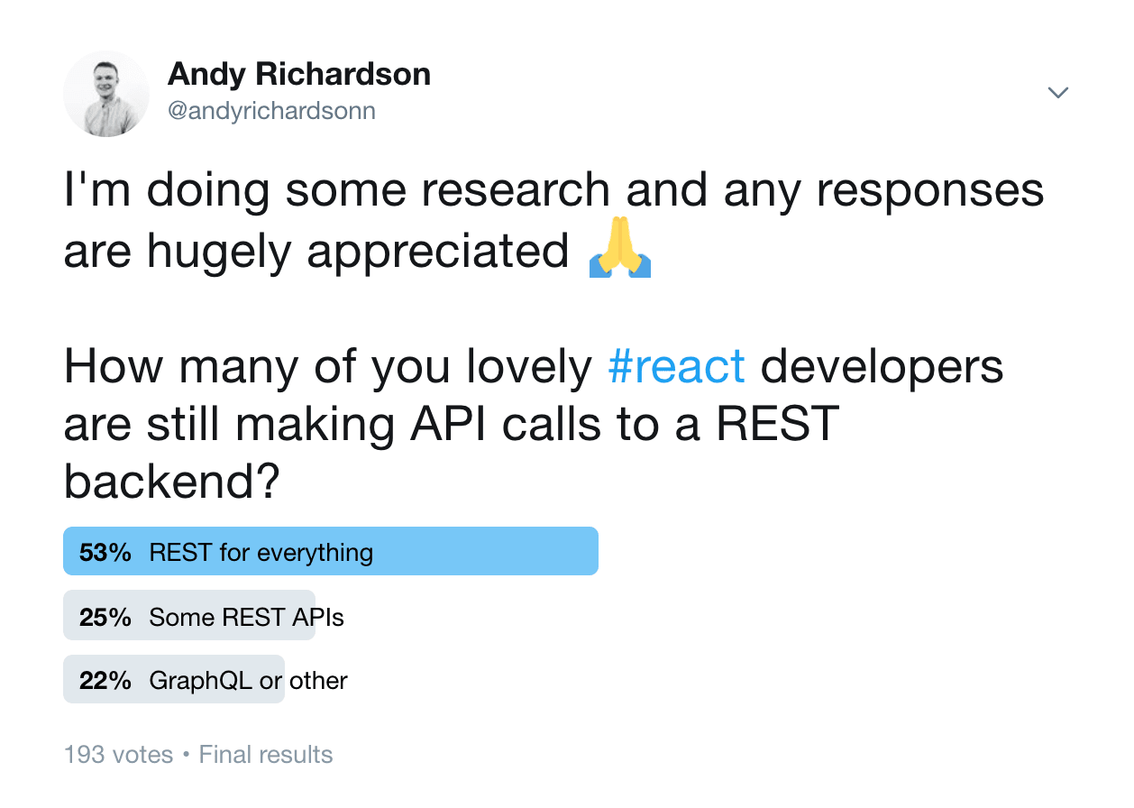 A Twitter tweet from Andy Richardson asking how React developers are currently making API calls to REST backends