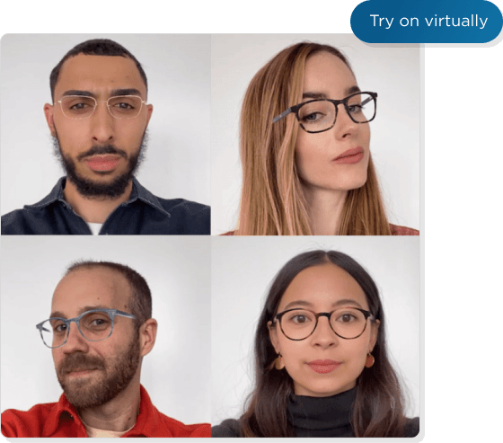 Image of several people trying different pairs of Warby Parker glasses virtually