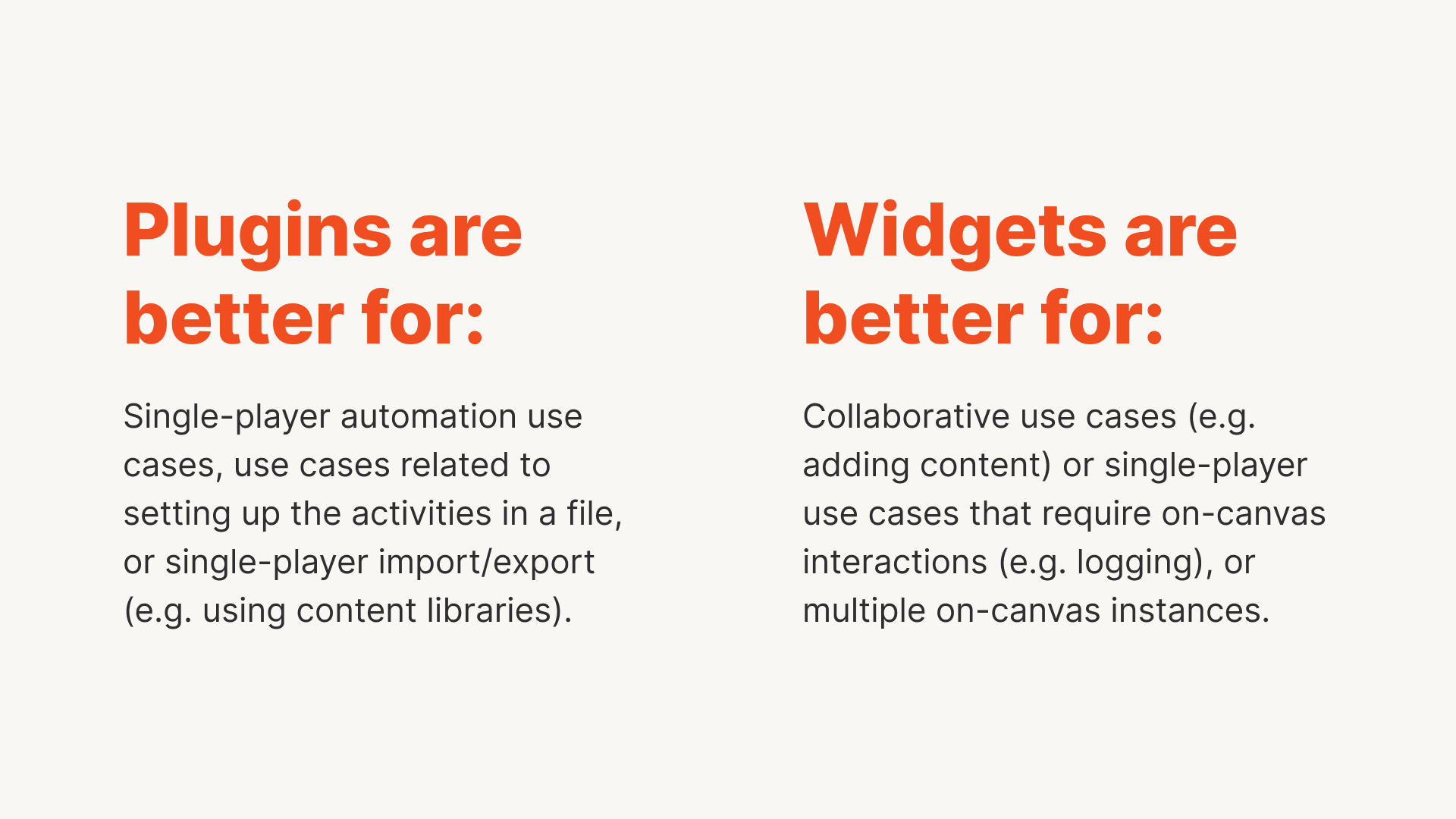 Primary differences between Figma plugins and widgets.