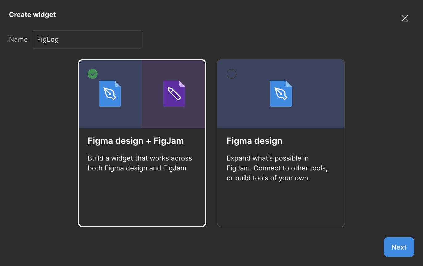 Step one of the widget creation flow, choose name and type.