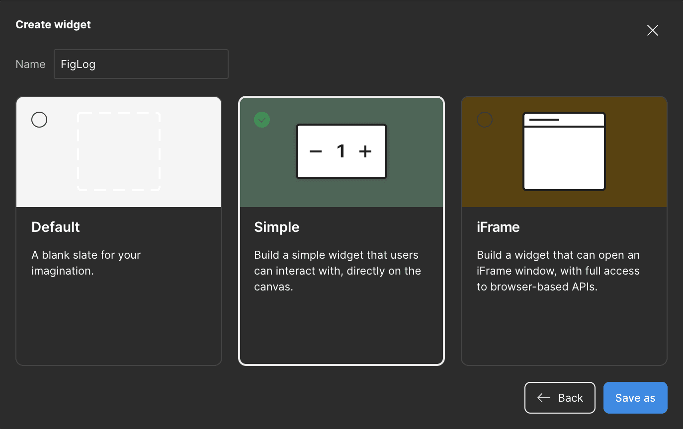 Step two of the widget creation flow, choosing a template.