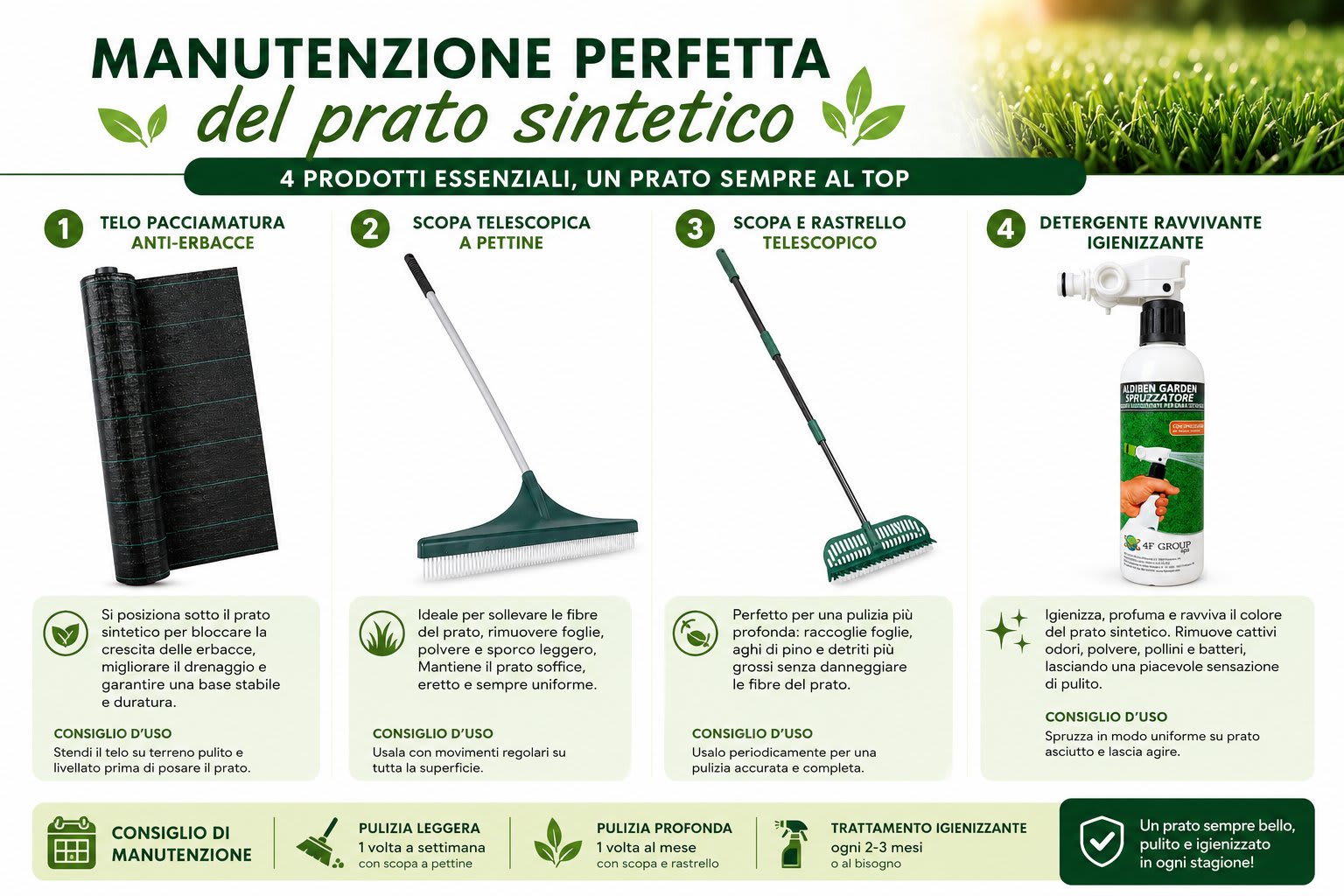 info grafica prodotti igiene e cura del prato sintetico telo