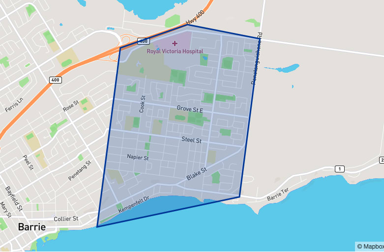 Barrie East End neighbourhood borders Barrie East End neighbourhood borders