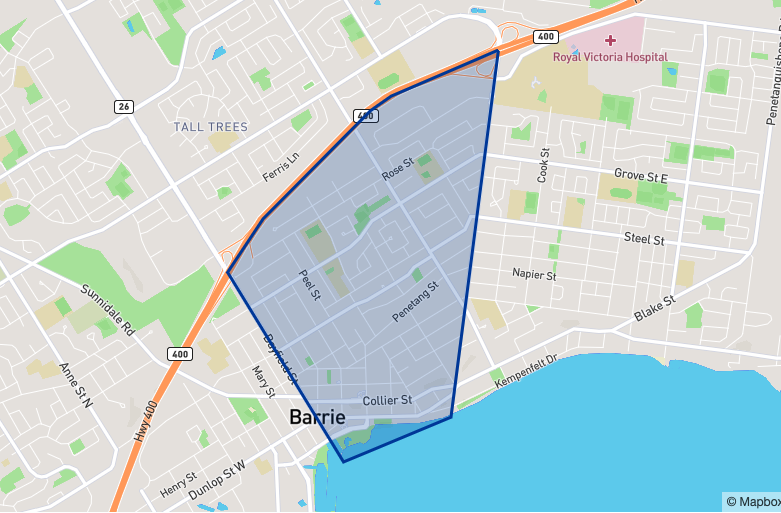 Barrie City Centre neighbourhood borders Barrie City Centre neighbourhood borders