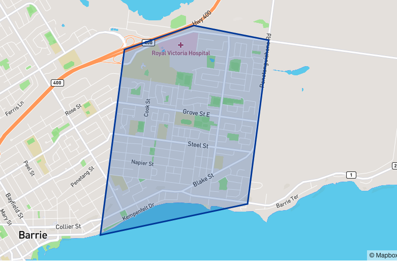 Barrie East End neighbourhood borders Barrie East End neighbourhood borders