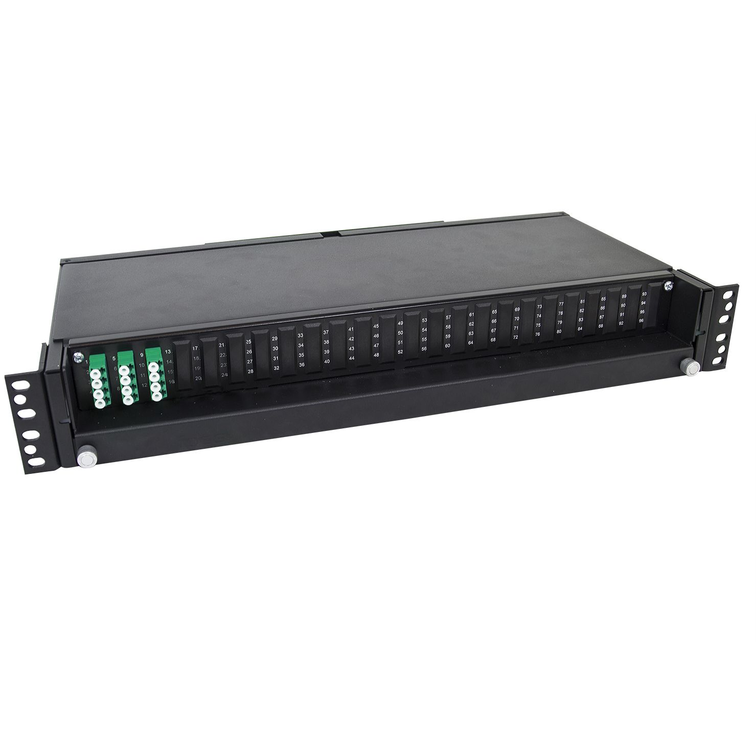 Fiber optic Patch Panel 1.5U, 12 LC/APC adapters and pigtails pre-assembled, 9/OS2