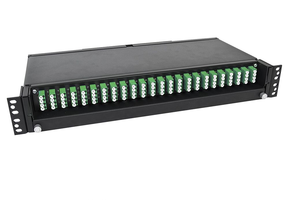Fiber optic Patch Panel black 1.5U black, 96 LC/APC adapters and pigtails pre-assembled, 9/OS2
