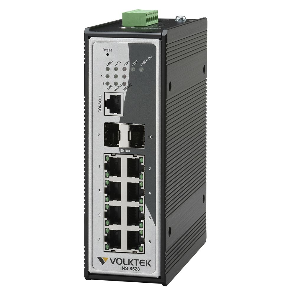 8x10/100Base-T + 2xSFP, PoE, 12-60 VDC, DIN, -10°C, L2 Mgt.